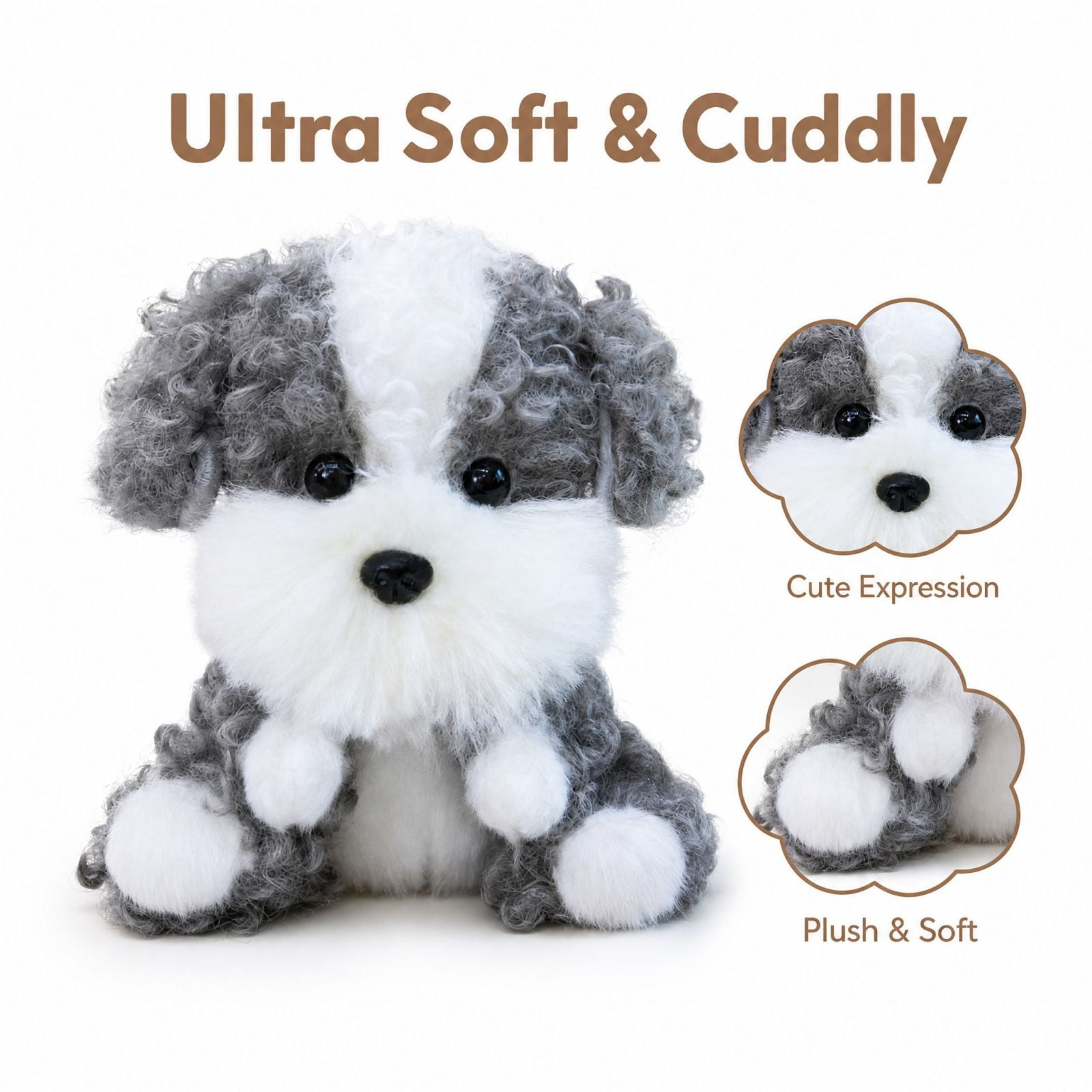 Stuffed Dog Plush Toy with Ultra Soft Curly 12 Inch Gray and White For Cuddly Animal Toy