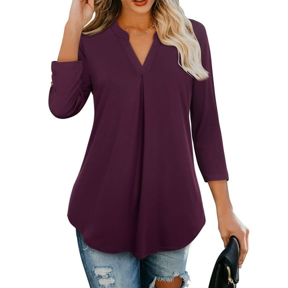 Timeson 3/4 Sleeve Henley V Neck strectchable Tunic Blouse, Dark Red