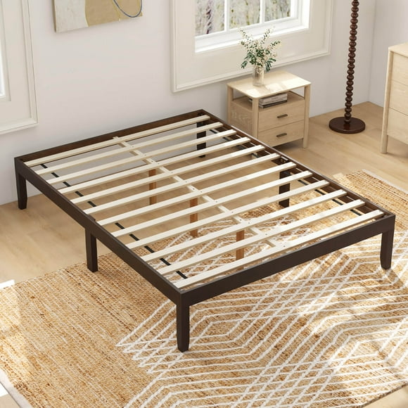 Costway Full Size Wooden Platform Bed Frame 14" with Rubber Wood Legs Under-bed Storage Brown