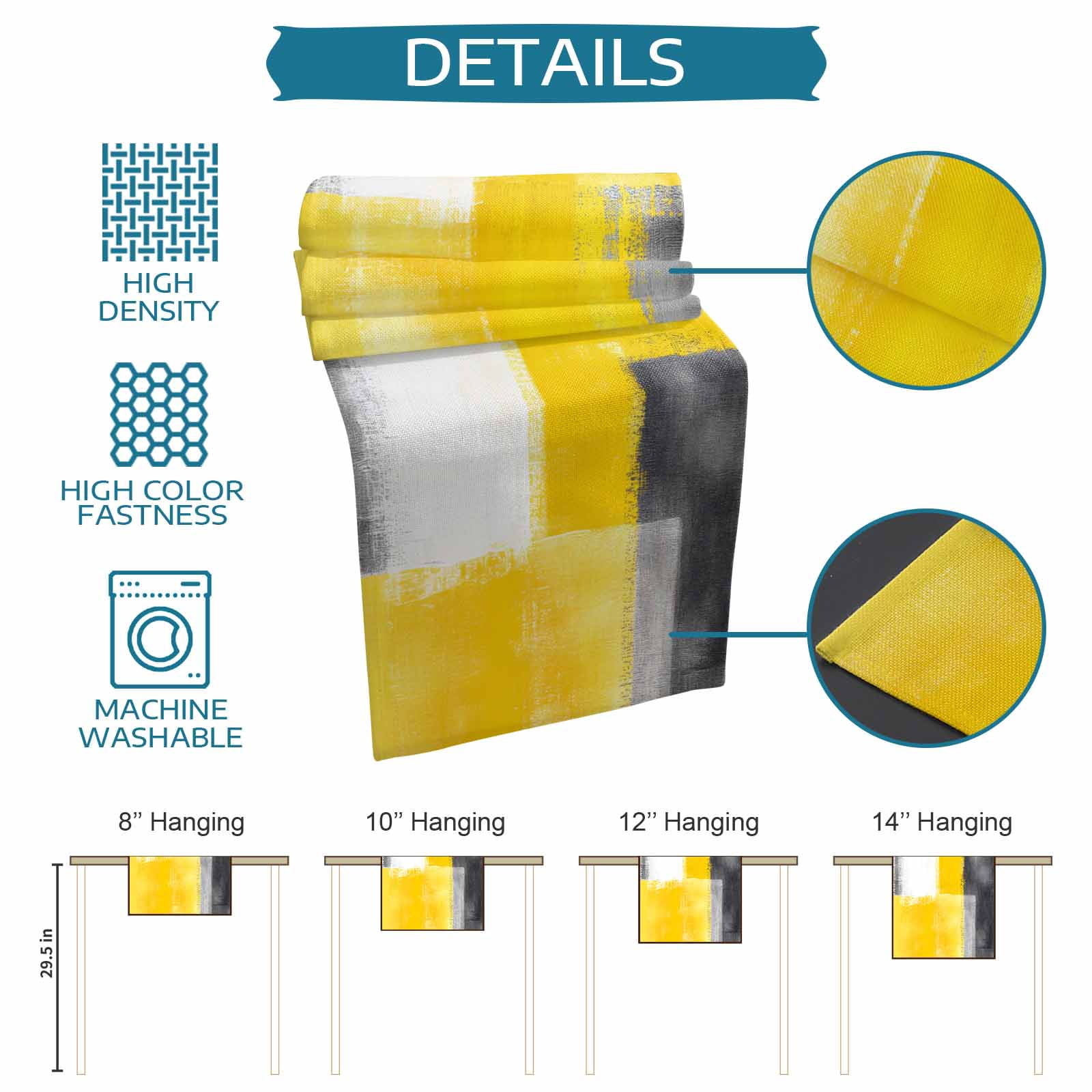 Kitchen Table Runner 90 Inches Long, Vintage Yellow Black White Grey Cotton Linen Table Runners for Dining Tables Home Holiday Party Wedding, Abstract Texture Tabletop Scarf