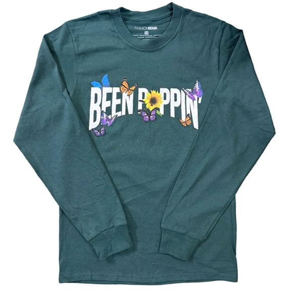 Fashion Nova Been Poppin Butterfly Green Women's Long Sleeve T-Shirt (XS)