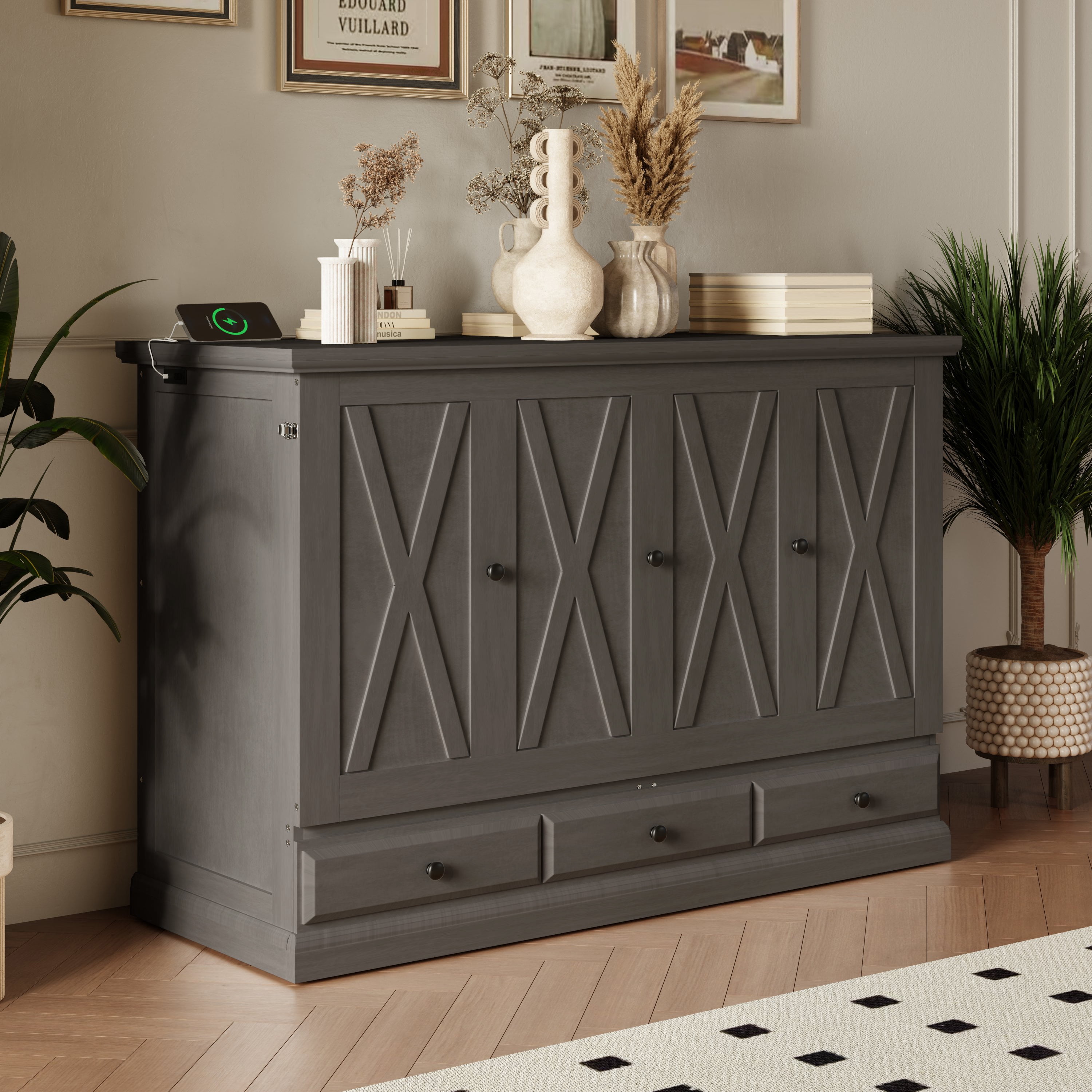 Euroco Wood Queen Size Murphy Bed with Drawers and USB Charging, Convertible Bed for Adults, Gray