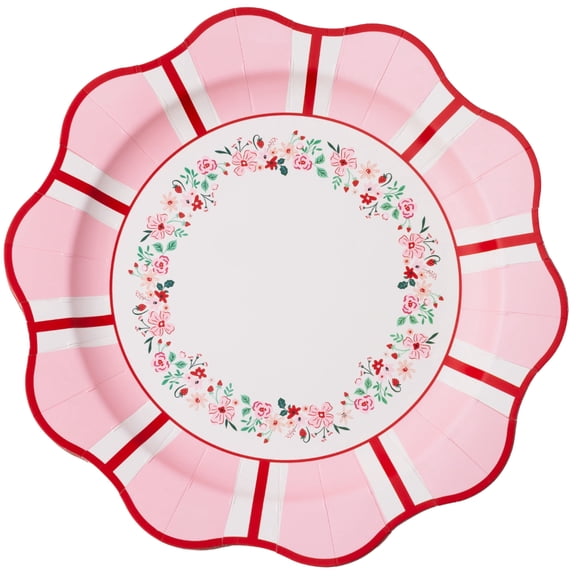 Bonjour Fête Pink and Red Floral Paper Plates, Disposable Party Supplies, Pack of 8, 11 Inch, Valentines