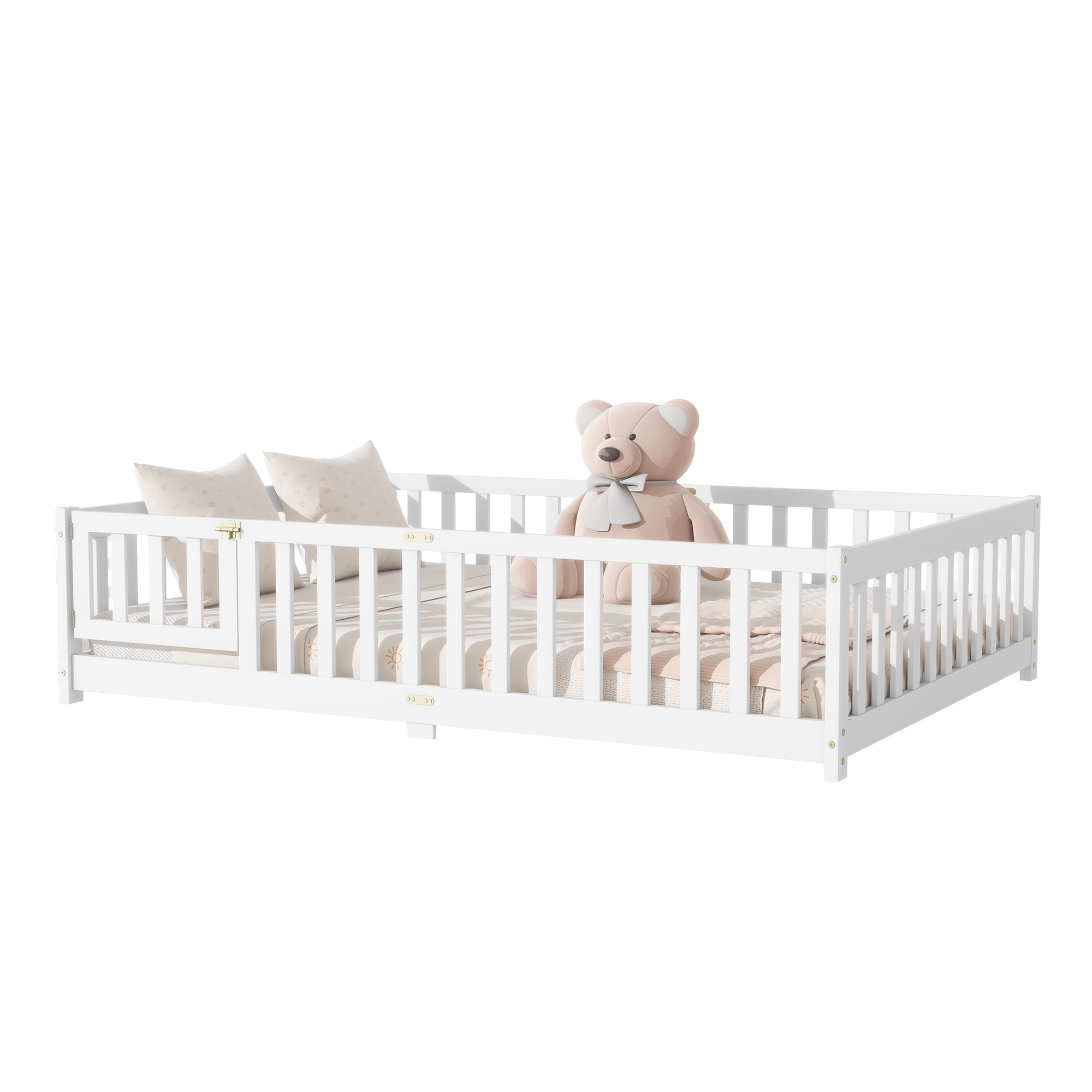 Sailvan Full Floor Bed with Fence and Door, Solid Rubber Wood Kids Platform Bed Frame White