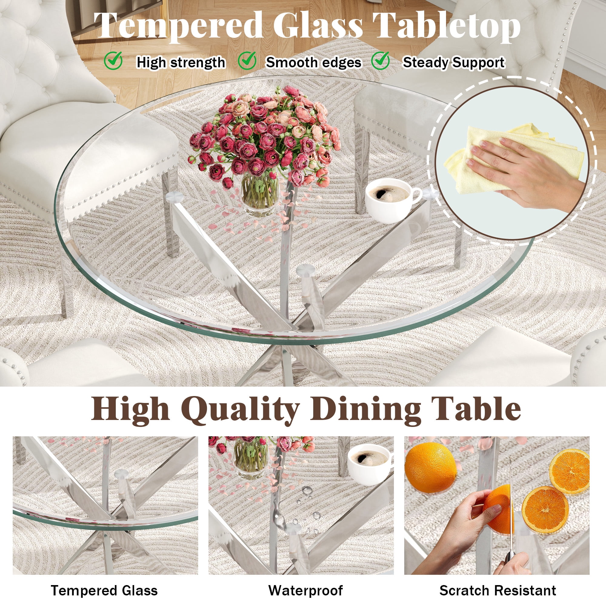 36" Round Glass Dining Table with Stainless Steel Legs, Modern Small Kitchen Table with Tempered Glass Top for Dining Room, Apartment, Kitchen