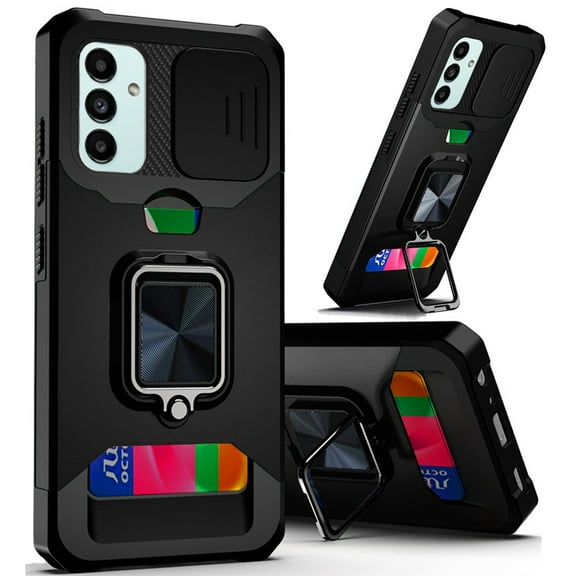 For Samsung Galaxy A04s /A04E Wallet Case with Ring Stand & Slide Camera Cover Credit Card Holder, Military Grade Hard Cover ,Xpm Phone Case [ Black ]