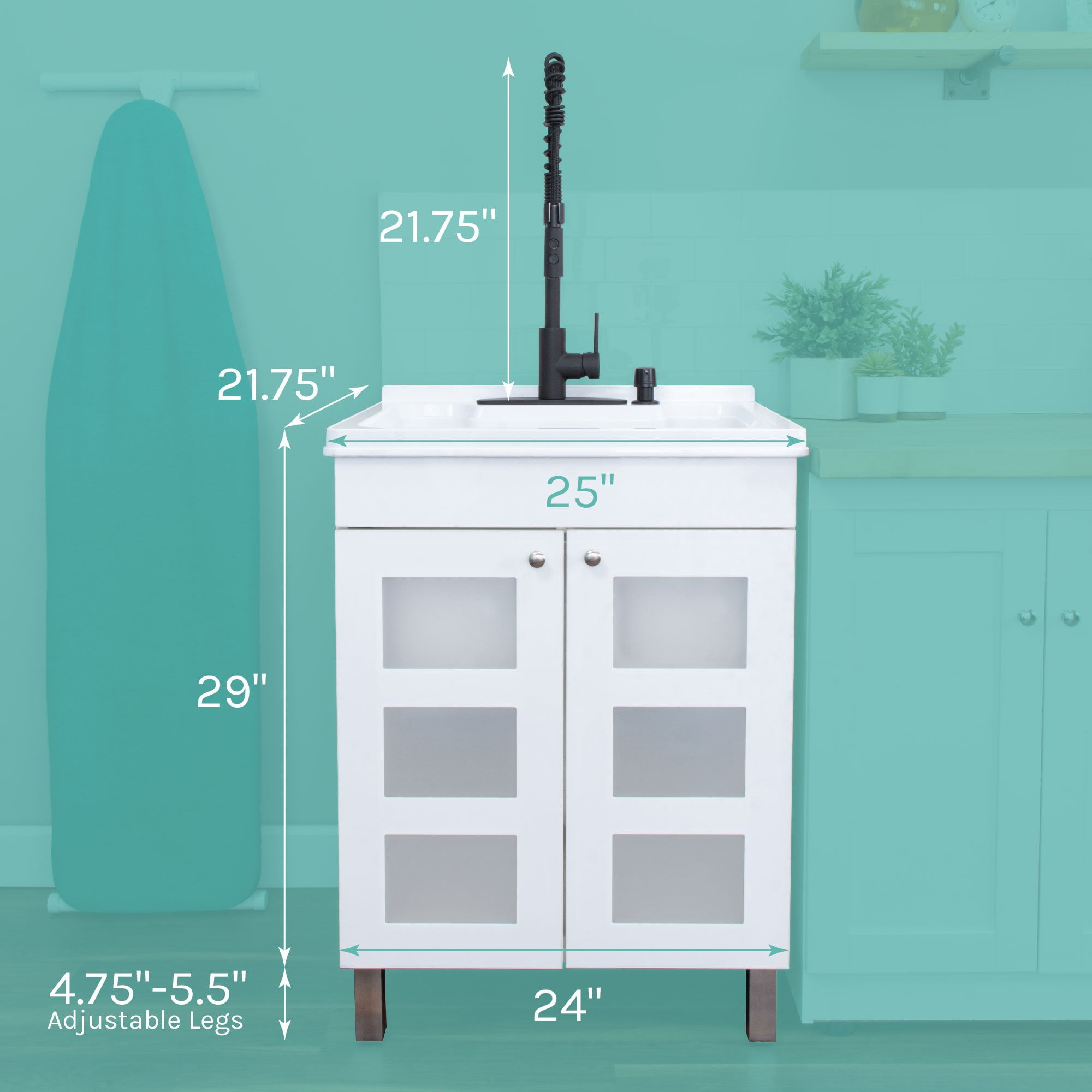 TEHILA White Utility Sink Laundry Vanity with Black Hi-Arc Coil Faucet and Soap Dispenser