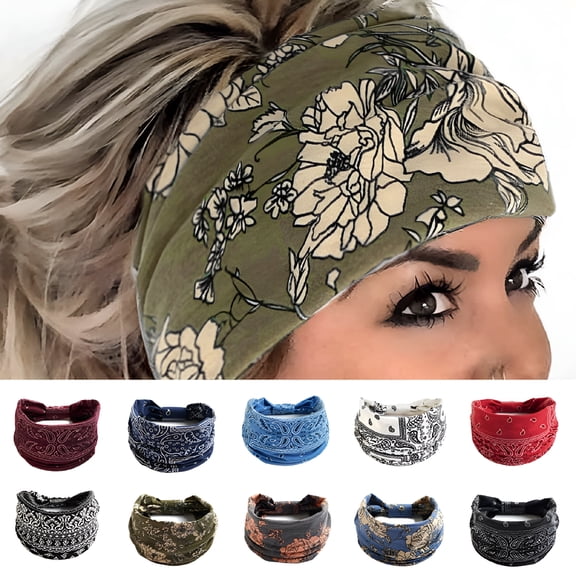 TELOLY Boho Flower Print Wide Bandana Knot Headbands Women Criss Cross Head Wrap Hair Band, Cotton Absorb Sweat Headband for Sports