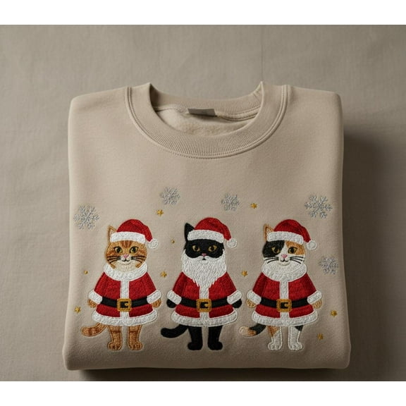 Embroidered Christmas Cat Sweatshirt – Cute Santa Cats Holiday Top, Cozy Gift for Cat Lovers, Festive Winter Crewneck