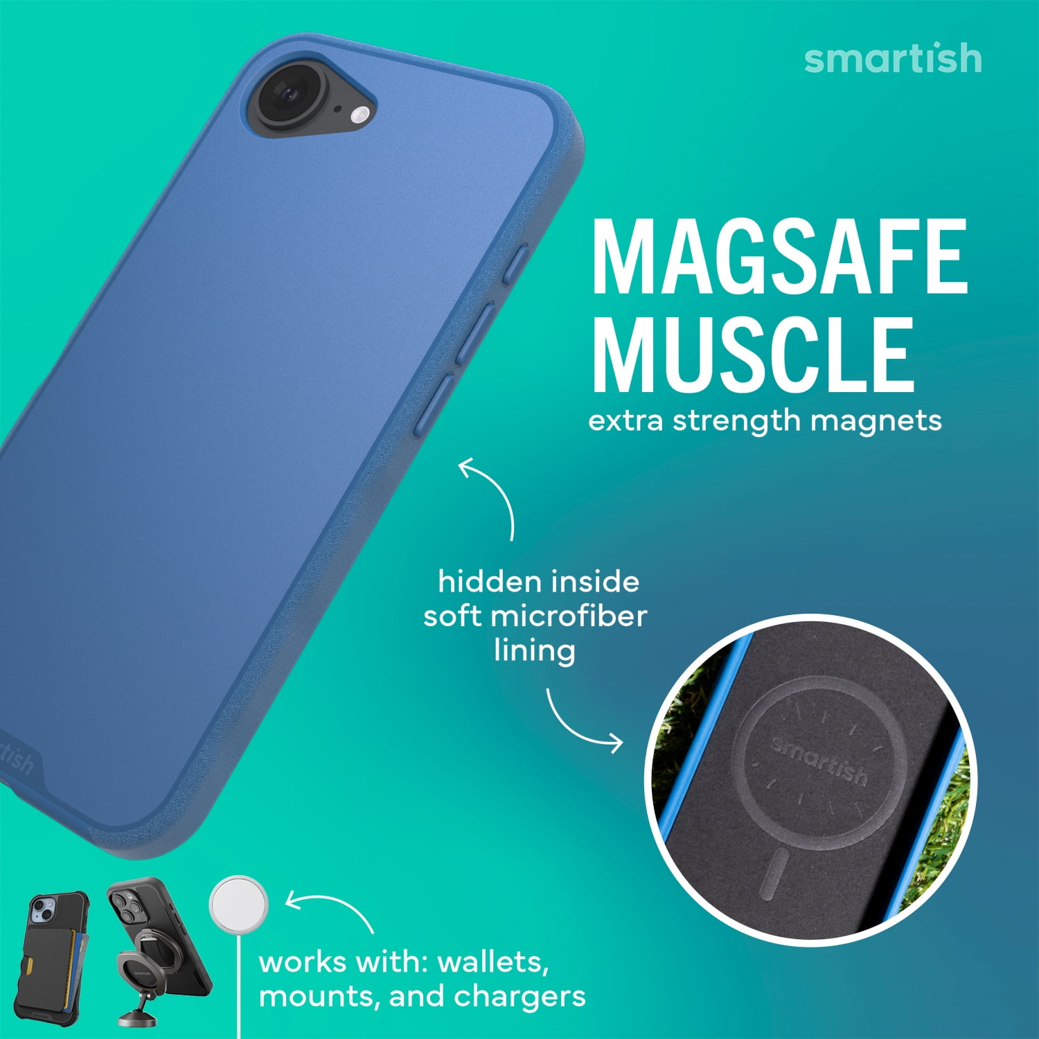 Smartish® iPhone 17e/16e MagSafe Case - Gripmunk Magnetic Slim Case [Lightweight + Protective] Thin Grip Cover with Microfiber Lining for Apple iPhone 16e 2026 - Blues on the Green