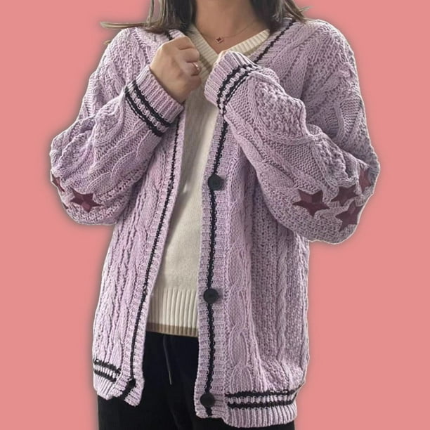 2XL Women Folklore Evermore Flower Embroidery Cardigan Oversized Star Knitted Purple Sweater Female Loose Fit Pink Cardigan