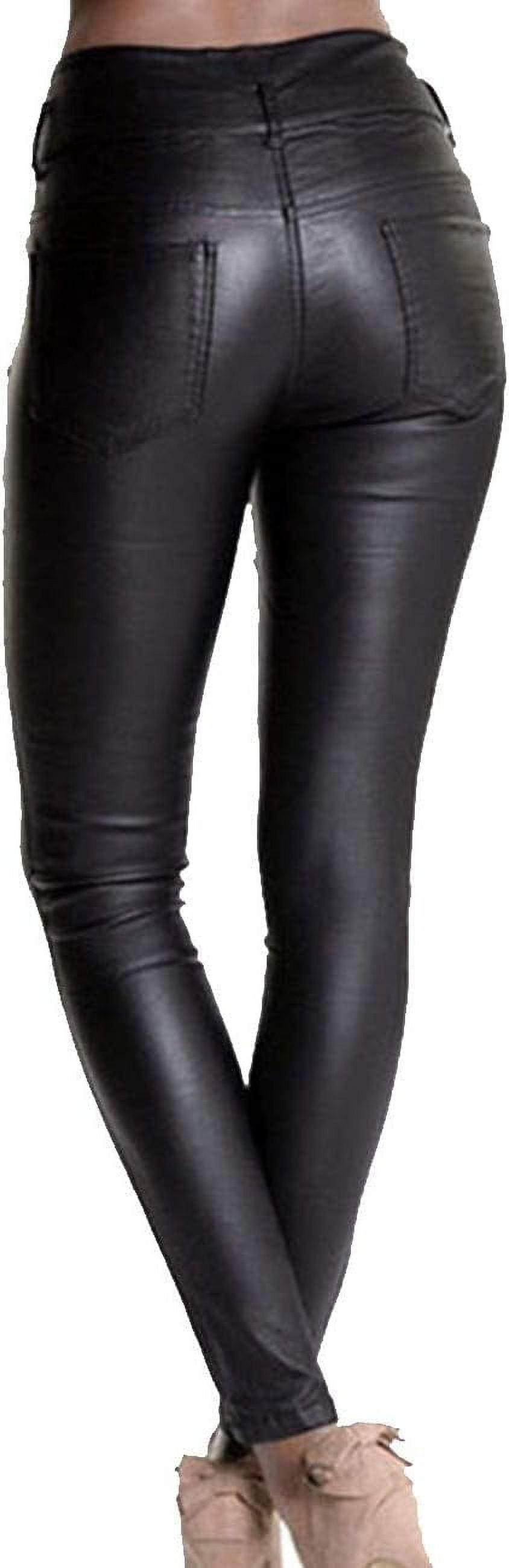 HLSOHJP Women's Black Stretch Jeans Button Closure Zipper Up High Waisted PU Biker Slim Trousers Faux Leather Skinny Pants
