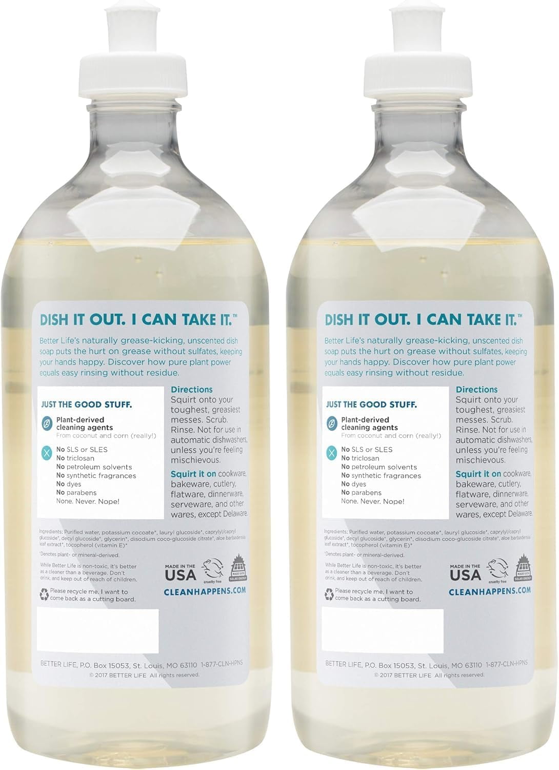 Better Life Dish Soap - Liquid Dishwashing with Vitamin E and Aloe for Home & Kitchen Sink No Gloves Required Sensitive Skin 22oz (Pack of 2) Unscented