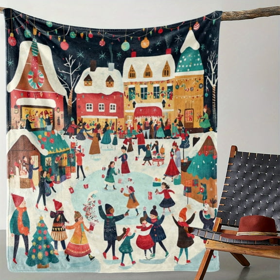 Cozy Flannel Christmas Blanket with Festive Tree & Igloo Print - Soft, Warm Throw for Couch, Bed, Car, Office, Camping - Versatile All-Season Gift