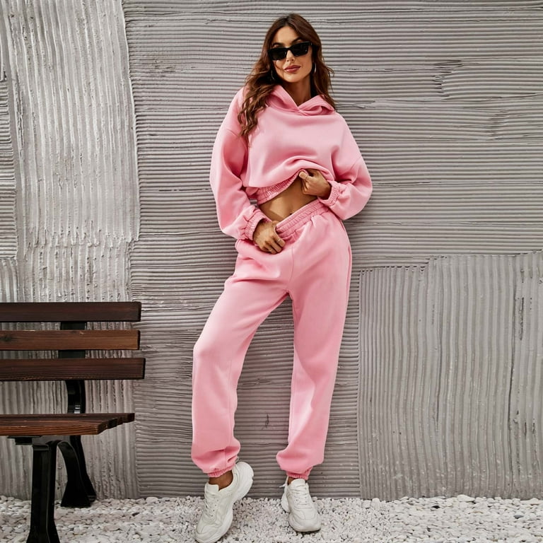 Jalioing Hooded Tracksuit Sets for Women Drawstring Short Sweatshirt Solid  Color Cinch Bottom Pant Running Suit (Small, Pink) 