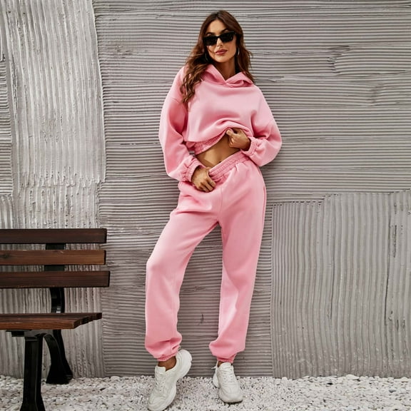 Jacenvly Oversized Sweatshirts for Women Loose Fit Solid Soft Comfortable Tracksuit Set Hooded Pocket Hoodies Elastic Waisted Long Trousers Casual Fashion Two-Piece Set Pink