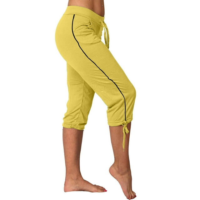 Jsaierl Drawstring Capris for Women Stretch Mid Waisted Capris with Pockets Summer Solid Color Comfy Yoga Pants Plus Size Workout Sweatpants