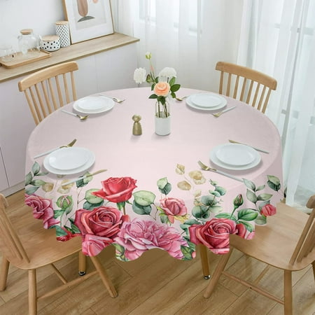 

Round Tablecloth Valentine s Day Rose Eucalyptus Leaves Waterproof Table Cloth Polyester Washable Tablecloths Flower Pink Gradient Fabric Tablecover for Kitchen Dining Table Outdoor Party 60In