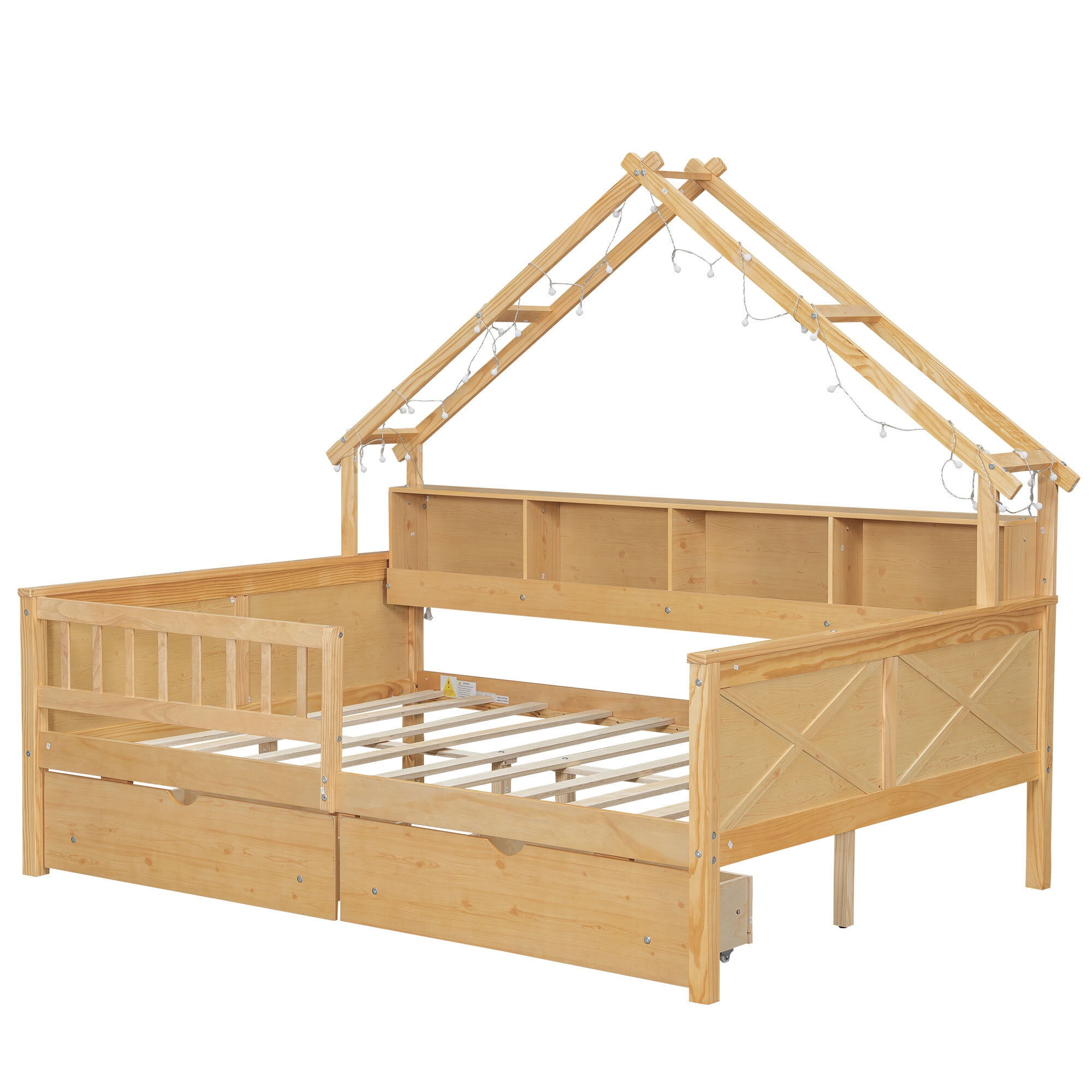 Euroco Wood Full Size Platform Bed with Drawers, House Bed with Storage and LED Light, Natural