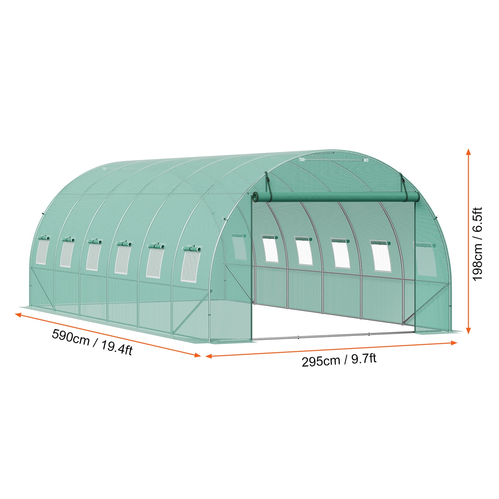 KFFKFF Walk-in Tunnel Greenhouse, 19.4x9.7x6.5 ft Hoop House with Galvanized Steel Frame, Green PE Cover, Roll-up Zipper Door, and 12 Ventilation Windows for Outdoor Gardening
