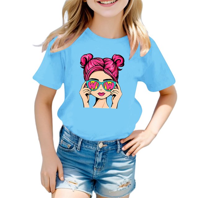 2025 Hauts, T-Shirts et Chemises pour Filles Ensemble de Pyjama Mignon à Imprimé Graphique Shorts Col Rond Manches Courtes Chemise Rayée à Manches Longues Tee Été Décontracté T 14/16 Vêtements