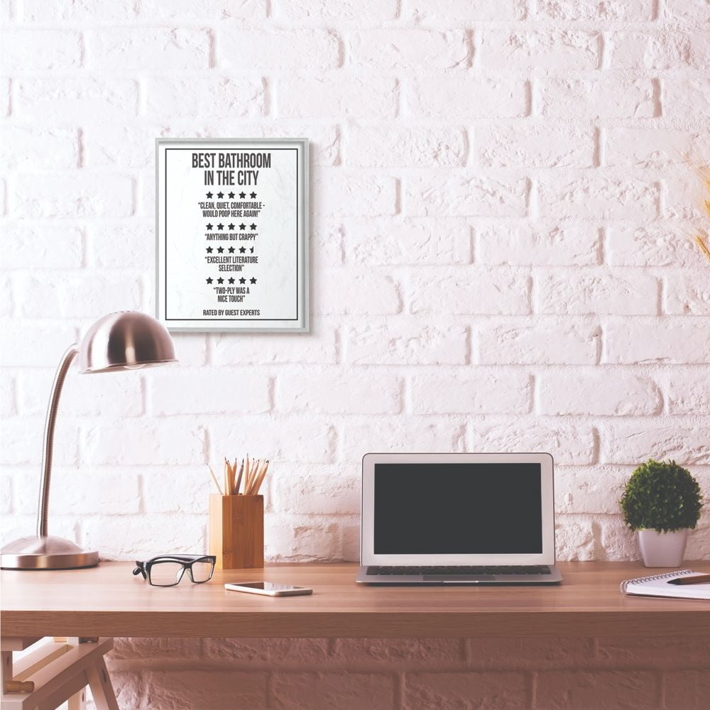 Stupell Industries Five Star Bathroom Funny Word Black And White Design Gray Farmhouse Rustic Framed Giclee Texturized Art by Daphne Polselli