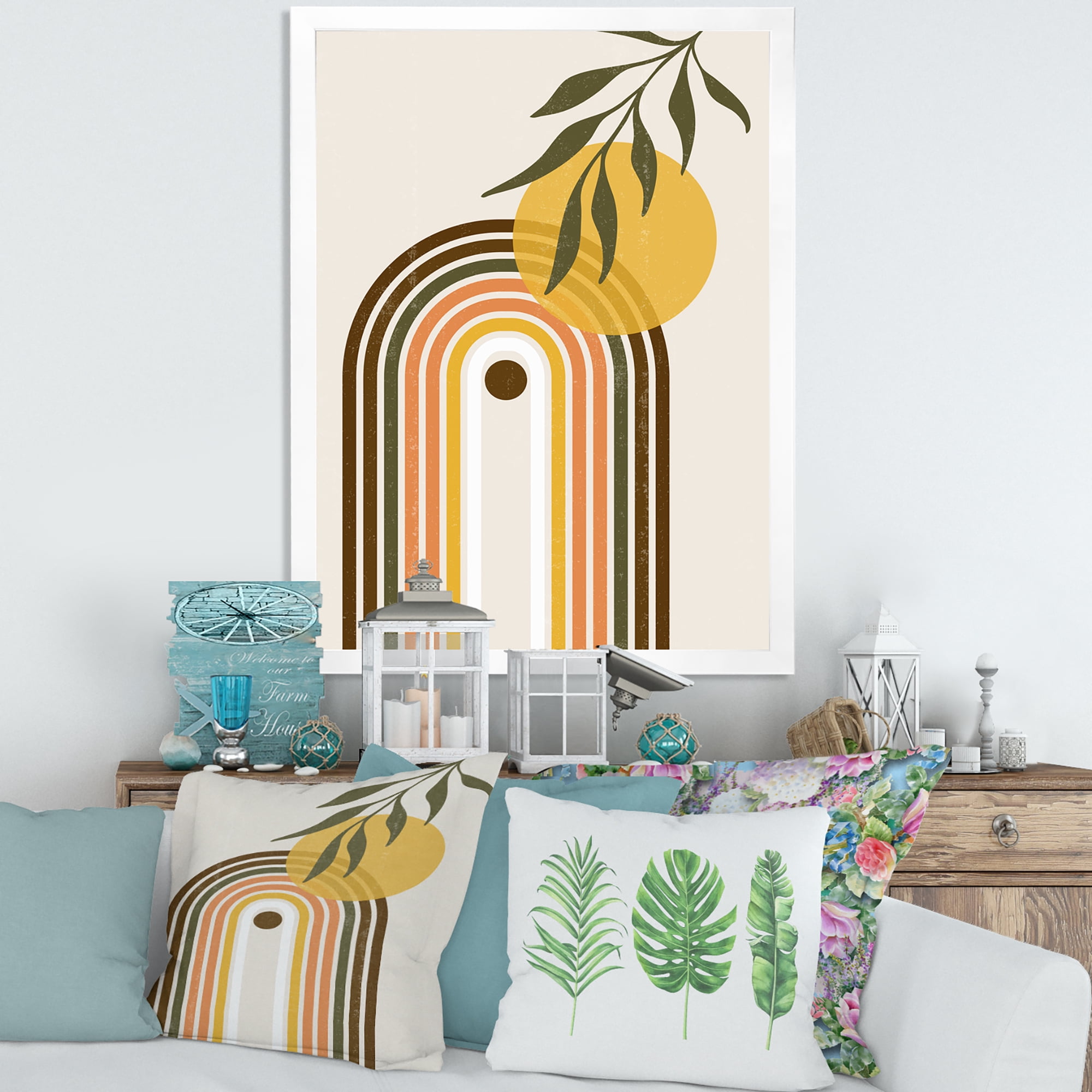 Designart 'Abstract Retro Rainbow With Yellow Sun' Modern Framed Art Print