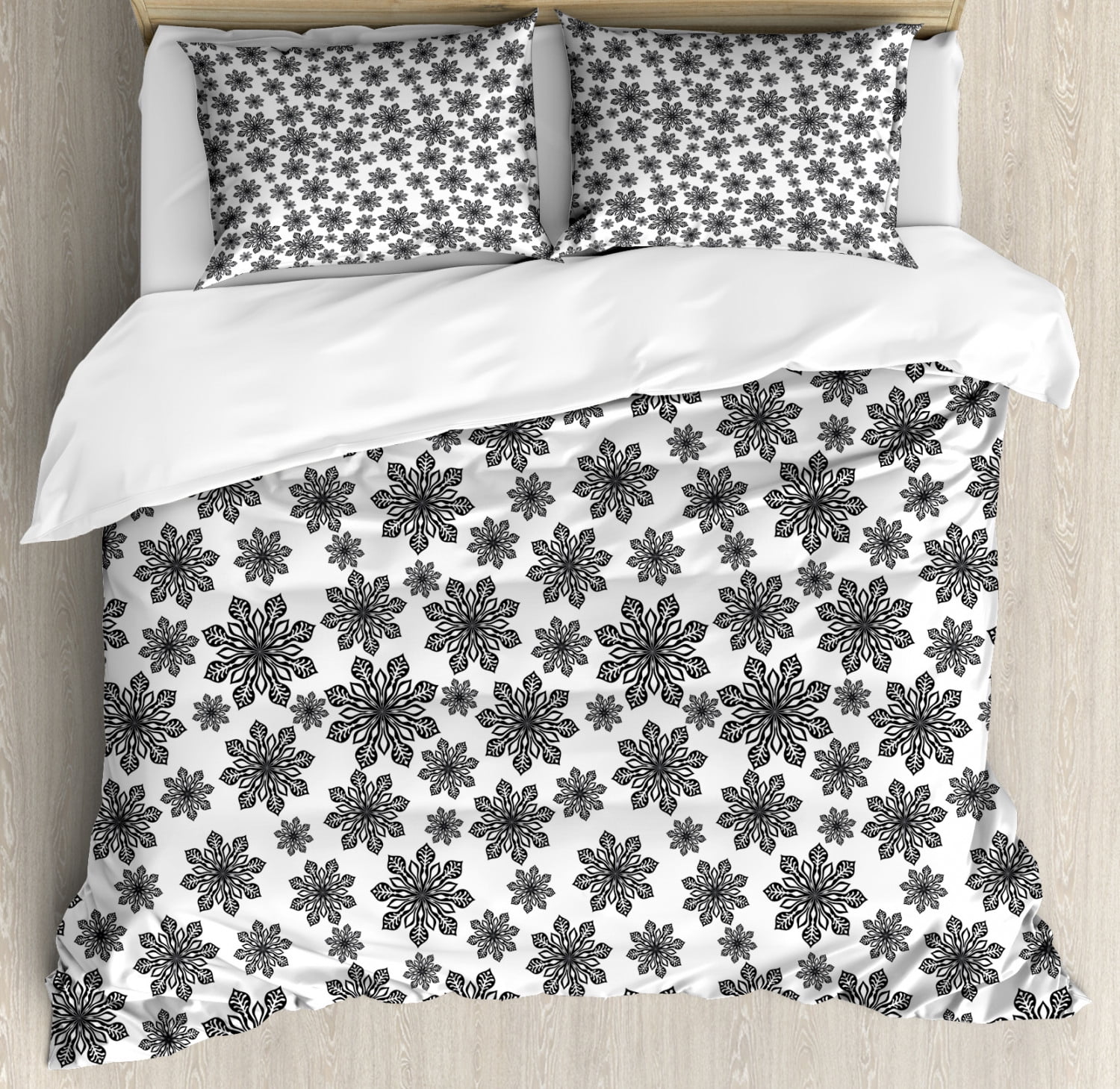 Snowflake King Size Duvet Cover Set Monochrome Snowflakes