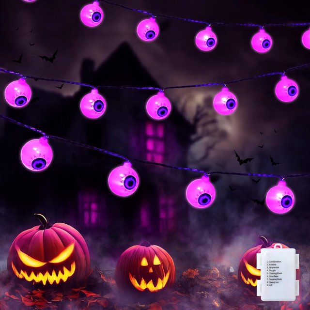 Guirnalda de luces con forma de globo ocular para Halloween de YZhouD: 30 luces LED a pilas con 8 modos, luces verdes brillantes para fiestas de Halloween en interiores y exteriores, decoración de