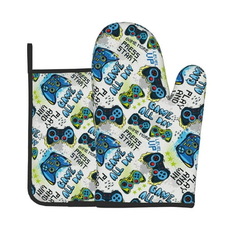 

Jgfou Game All Day Pattern Oven Mitts and Pot Holders Sets Heat Resistant Oven Mittens Soft Lining Extra Thicken Long Kitchen Cotton Oven Glove for Cooking