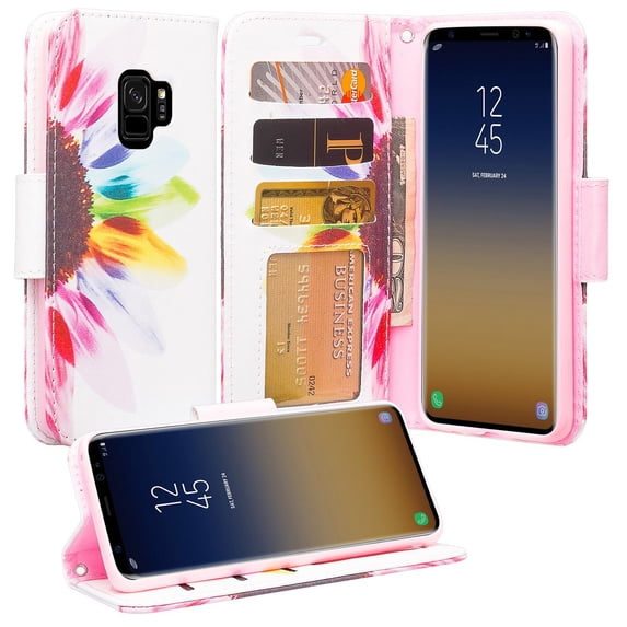 Samsung Galaxy S9 Cases, Kickstand Pu Leather Magnetic Fold Wallet Case Cover w/ Card Slots - Vivid Sunflower