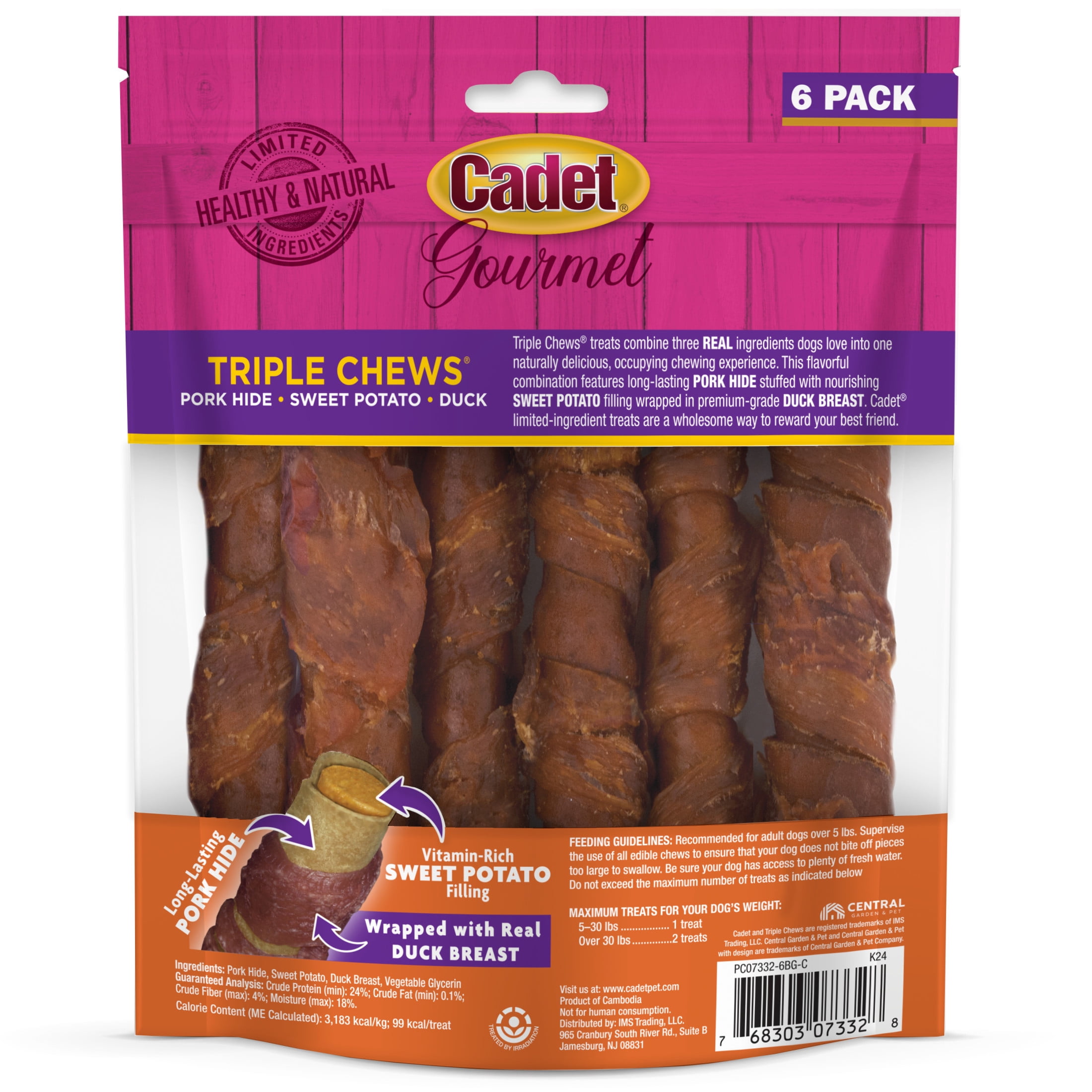 (2 pack) Cadet Gourmet Dog Treats Triple Chew Pork Hide Twists Dog Chews, Sweet Potato & Duck Flavor, 6 Count