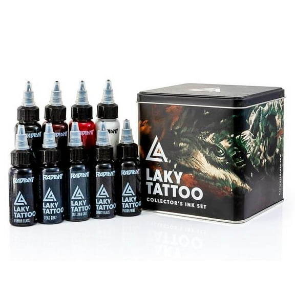 Radiant Colors Laky Gore Tattoo Ink Set - Tattooing Inks Fluid Vegan Pigments 9 x 1oz Bottles