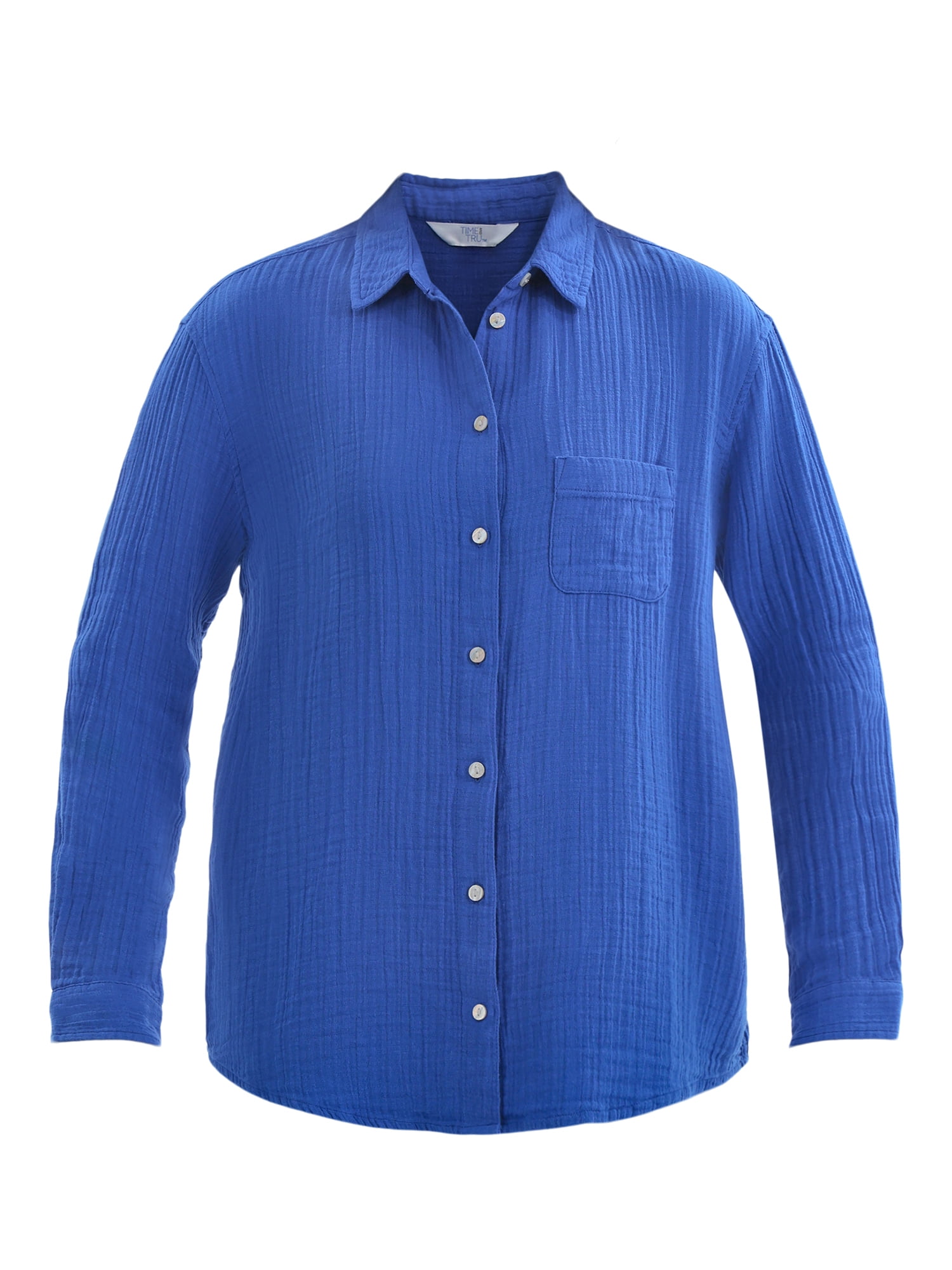 Time and Tru Women's Double Cloth Cotton Shirt with Long Sleeves, Sizes XS-XXXL