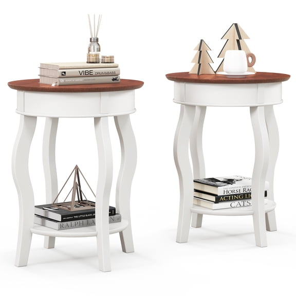 Gymax 2PCS 2-Tier Side Table w/ Storage Wooden Nightstand & Shelf & Solid Rubber Wood Legs
