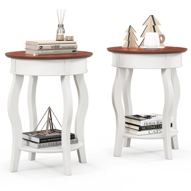 Gymax 2PCS 2-Tier Side Table w/ Storage Wooden Nightstand & Shelf & Solid Rubber Wood Legs