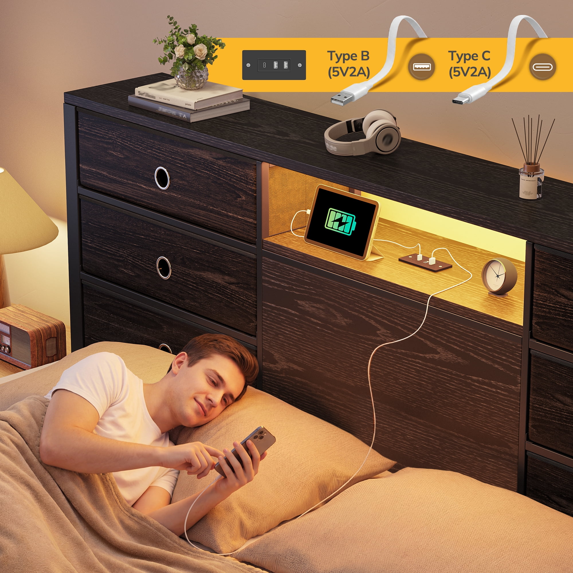 EnHomee Metal Bed Frame with 9 Storage Drawers Metal Bed Frame King with Headboard & LED Light & Charge Station,Black