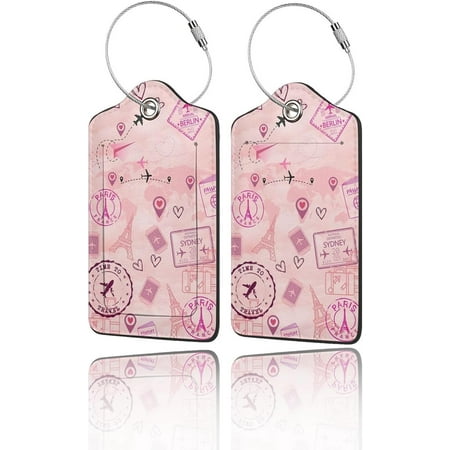 2 Pack Luggage Tags for Suitcases, Travel ID Tags with Privacy Cover, Stainless Steel Loops & Address Card – Cruise Essentials for Women Kids Girls, Backpacks & Bags Pink Stamp Carte Postale