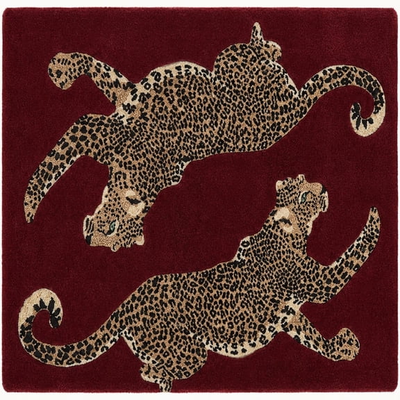 URBANCRAFT Wool Hand-Tufted Area Rug, Modern Dual Leaping Leopard Animal Motif, Maroon Burgundy, 6' x 9'
