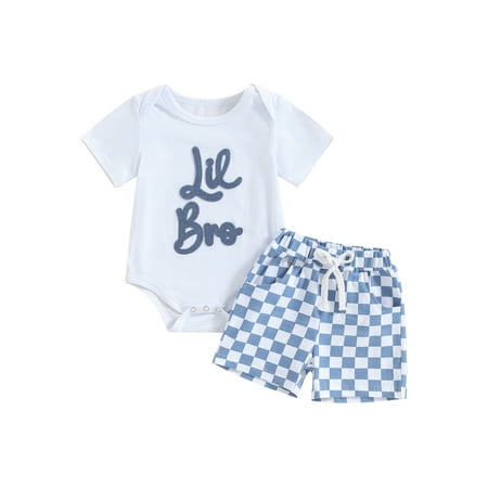 

Qtinghua 2Pcs Newborn Baby Boy Summer Clothes Letter Embroidery Short Sleeve Romper with Checkerborat Shorts Outfits