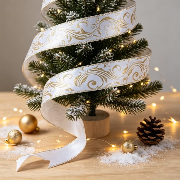 White and Gold Damask Ribbon Sheer Wired Edge for Christmas Wreath and Gift Wrapping Decor