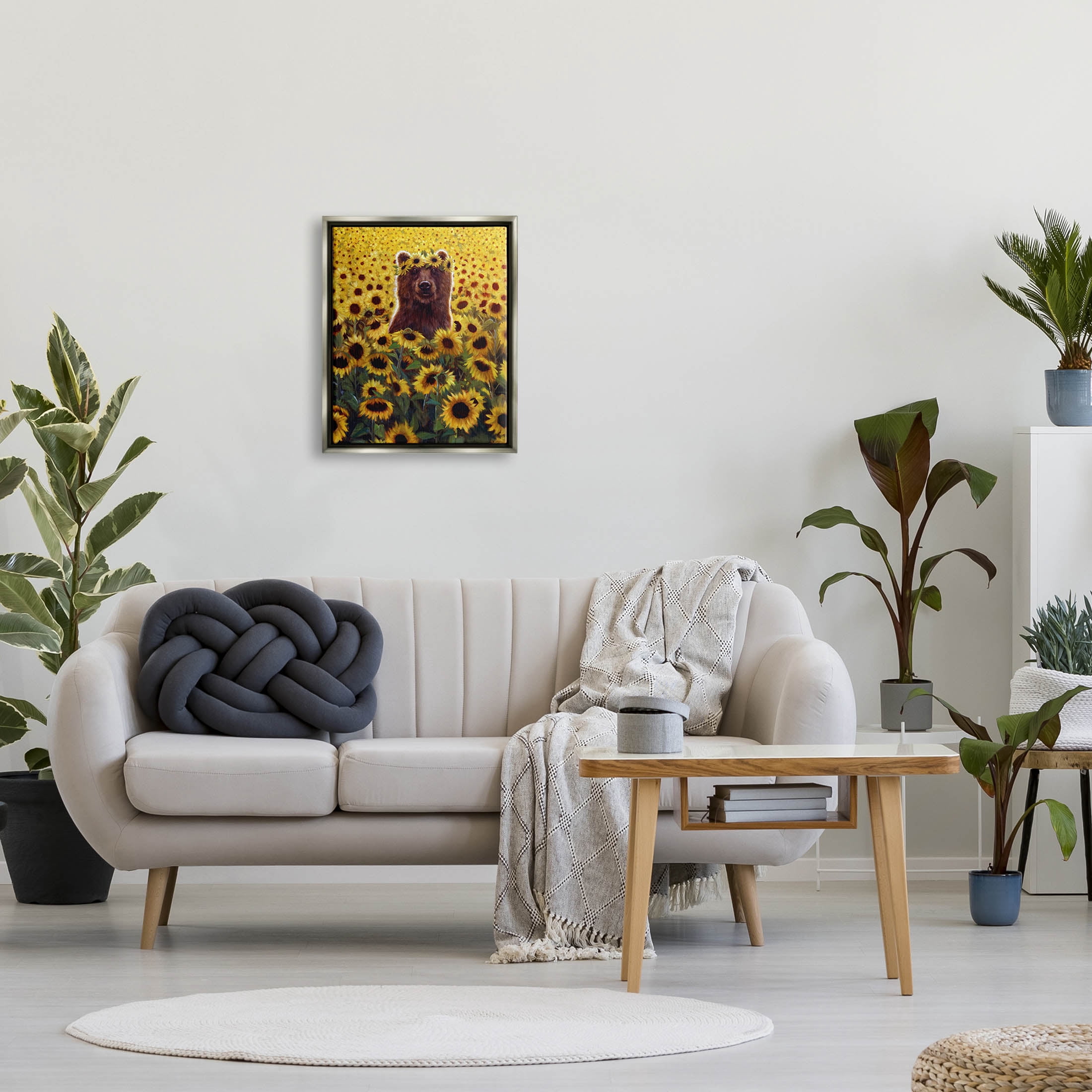 Happy Bear Sunflower Field Animals & Insects Painting Luster Gray Framed Art Print Wall Art