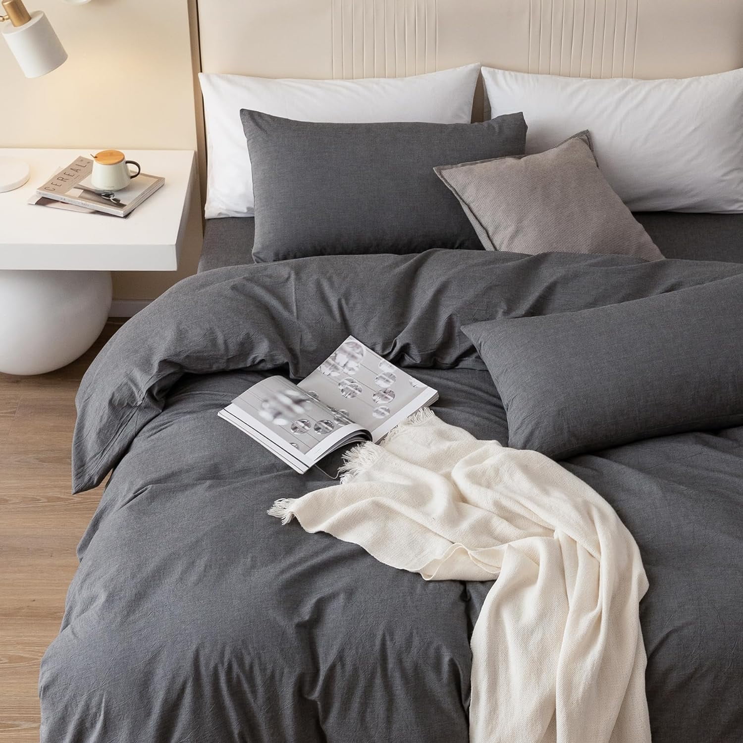 SORMAG Duvet Cover Set Soft Washed Microfiber Duvet Cover 3 Pieces Queen Dark Grey