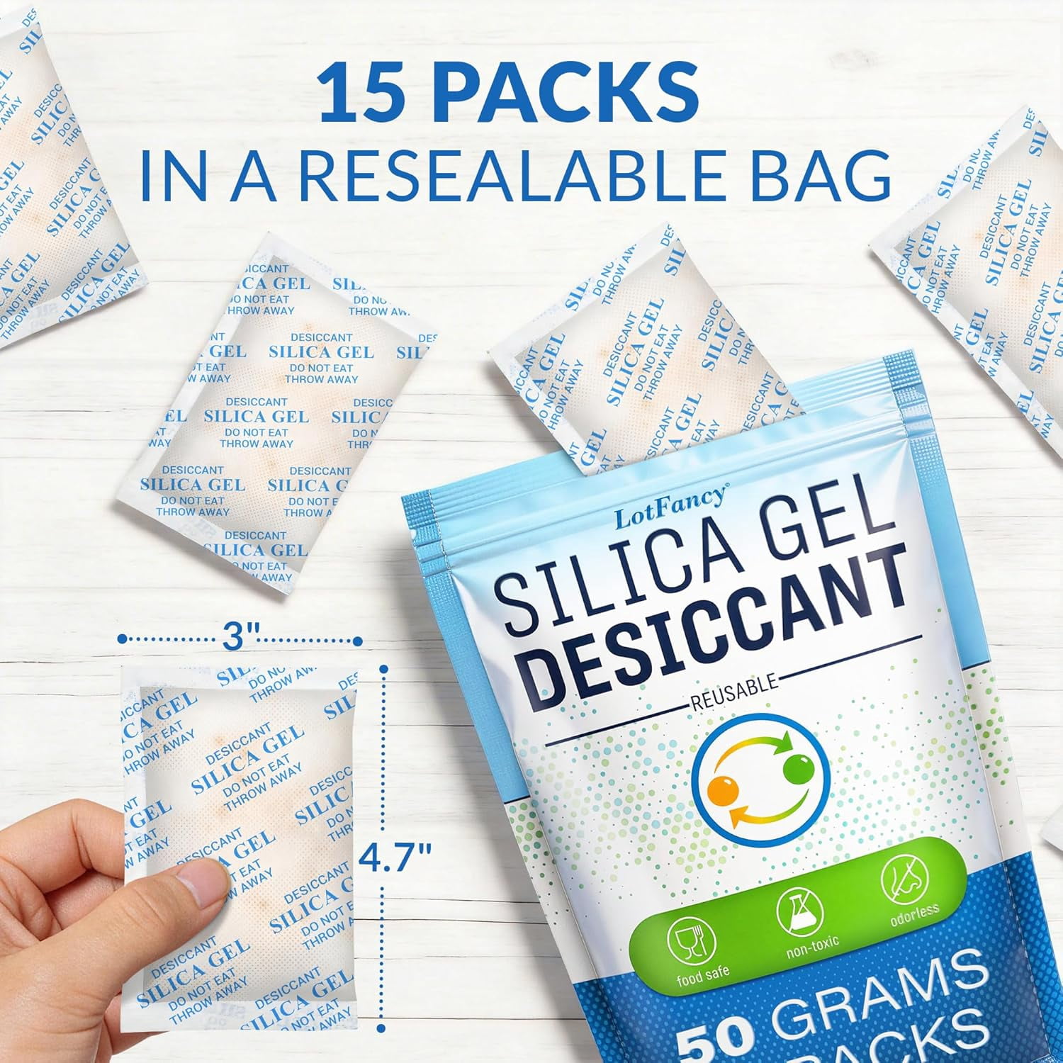 Silica Gel Packets 50 Gram 15 Pack, Rechargeable Desiccant Packs with Color Indicator, Moisture Absorber for Gun Safe, Electronics, Camera Lens, 3D Printer Filament, Toolbox Storage
