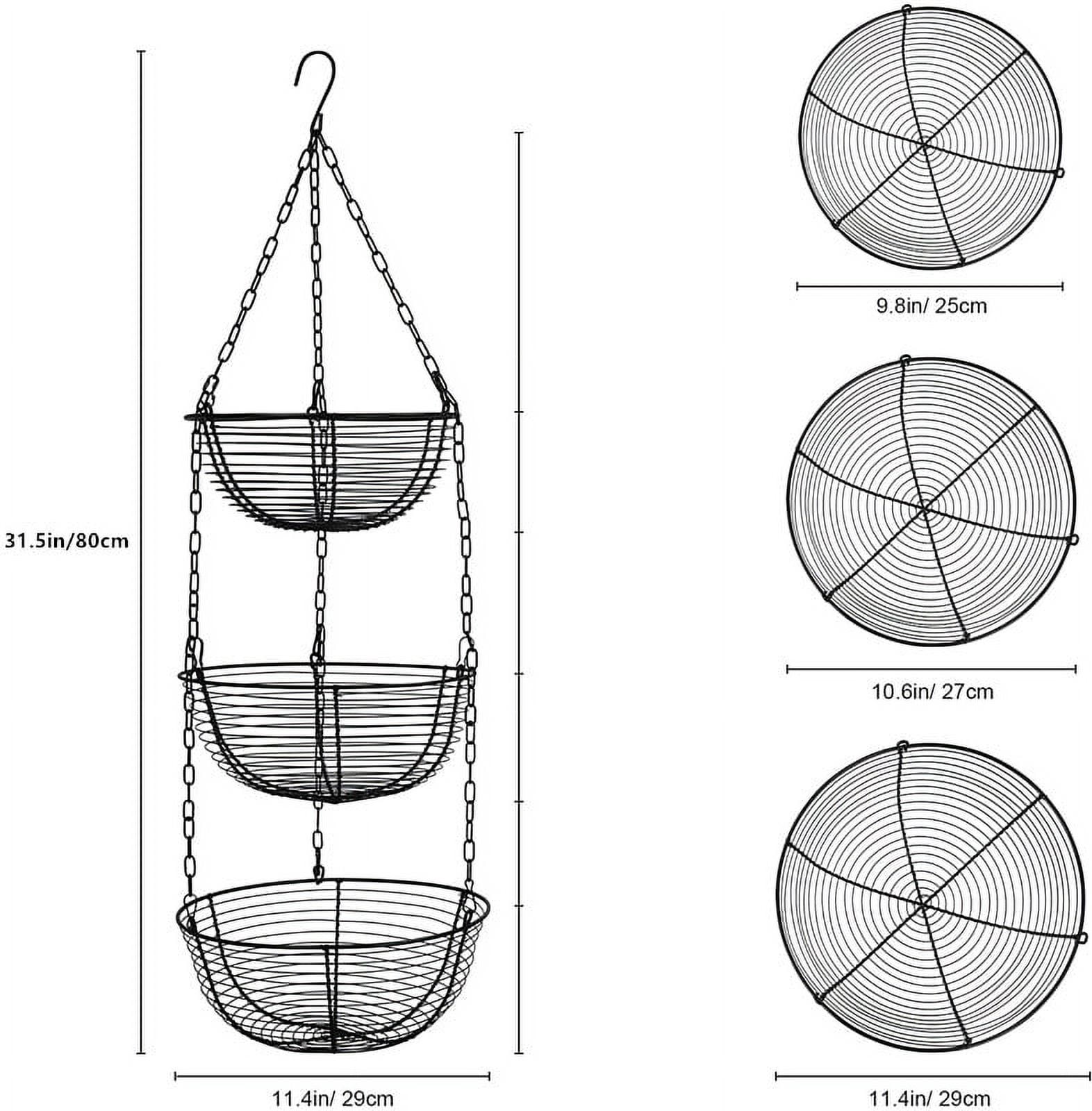Codream 3 Tier Hanging Fruit Basket, Wire Vegetable Produce Basket for Kitchen, Heavy Duty Fruit Storage Organizer Black Fruit Holder