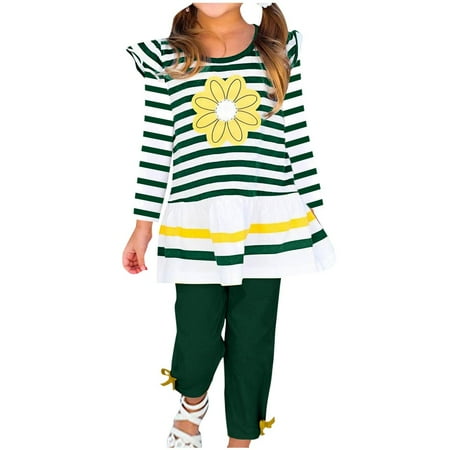 

Jgppe Little Girl Cute Sets Ruffle Hem Striped Long Sleeve Shirt Top and Capri Pants 2 Piece Winter Fall Clothes 2-10Years
