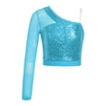 thumbnail image 3 of Raenseen Kids Girls One Shoulder Long Sleeve Shiny Sequins Dance Crop Top Gym T-Shirt Ballet Gymnastics Jazz Dancewear Light Blue 10, 3 of 7
