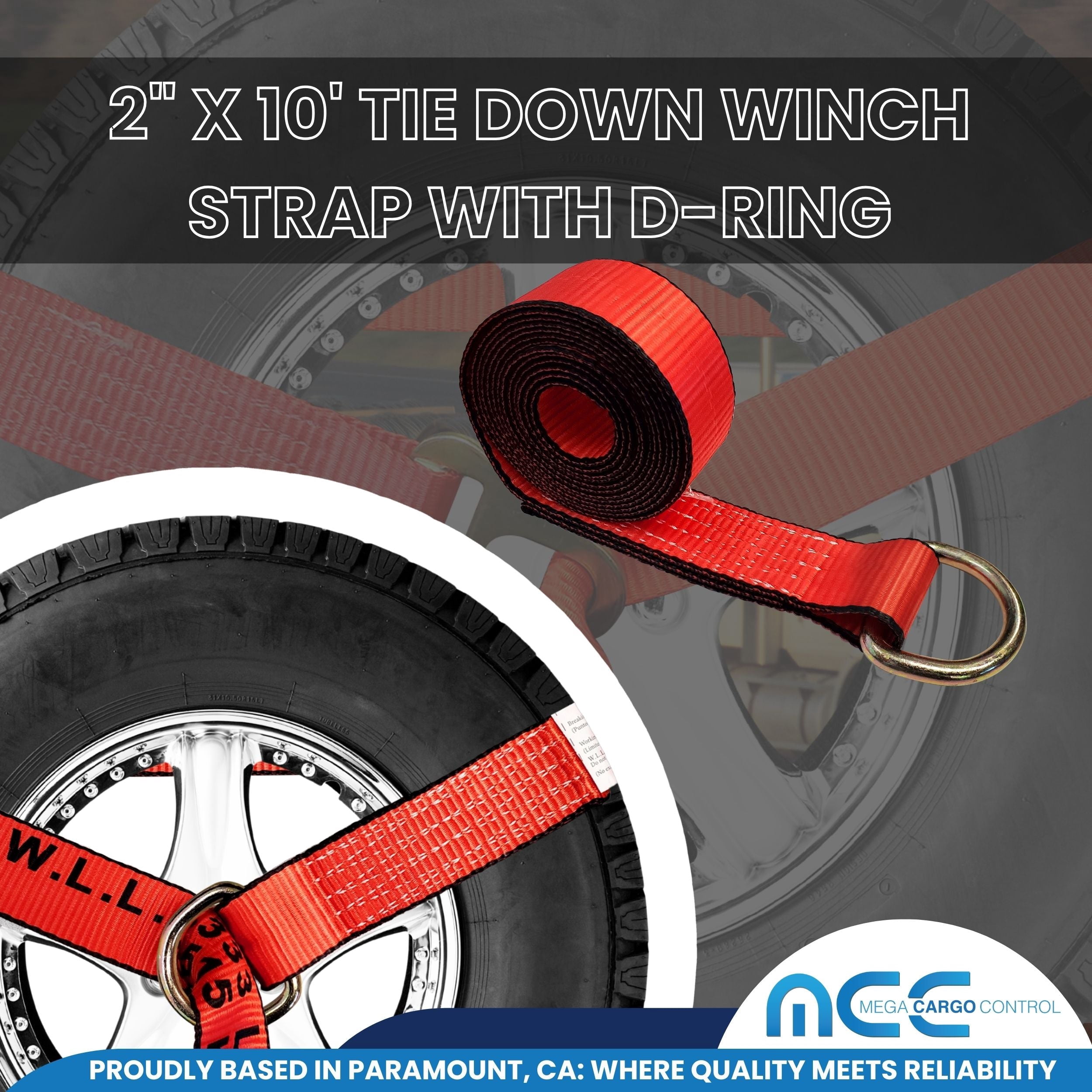 Mega Cargo Control 2" x 10' D Ring Lasso Straps - Heavy Duty Wheel Lift Towing Straps for Auto Hauling, Car Carriers, Flatbeds, Wrecker (Red, 2 Pack)