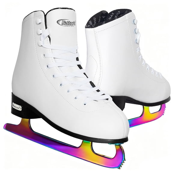 Nattork Color Plated Figure Skates for Girls and Boys Excellence Stainless Steel Blades Ice Figure Skating with Enhanced Support Strength Performance and Ultimate Comfort White Women's 8
