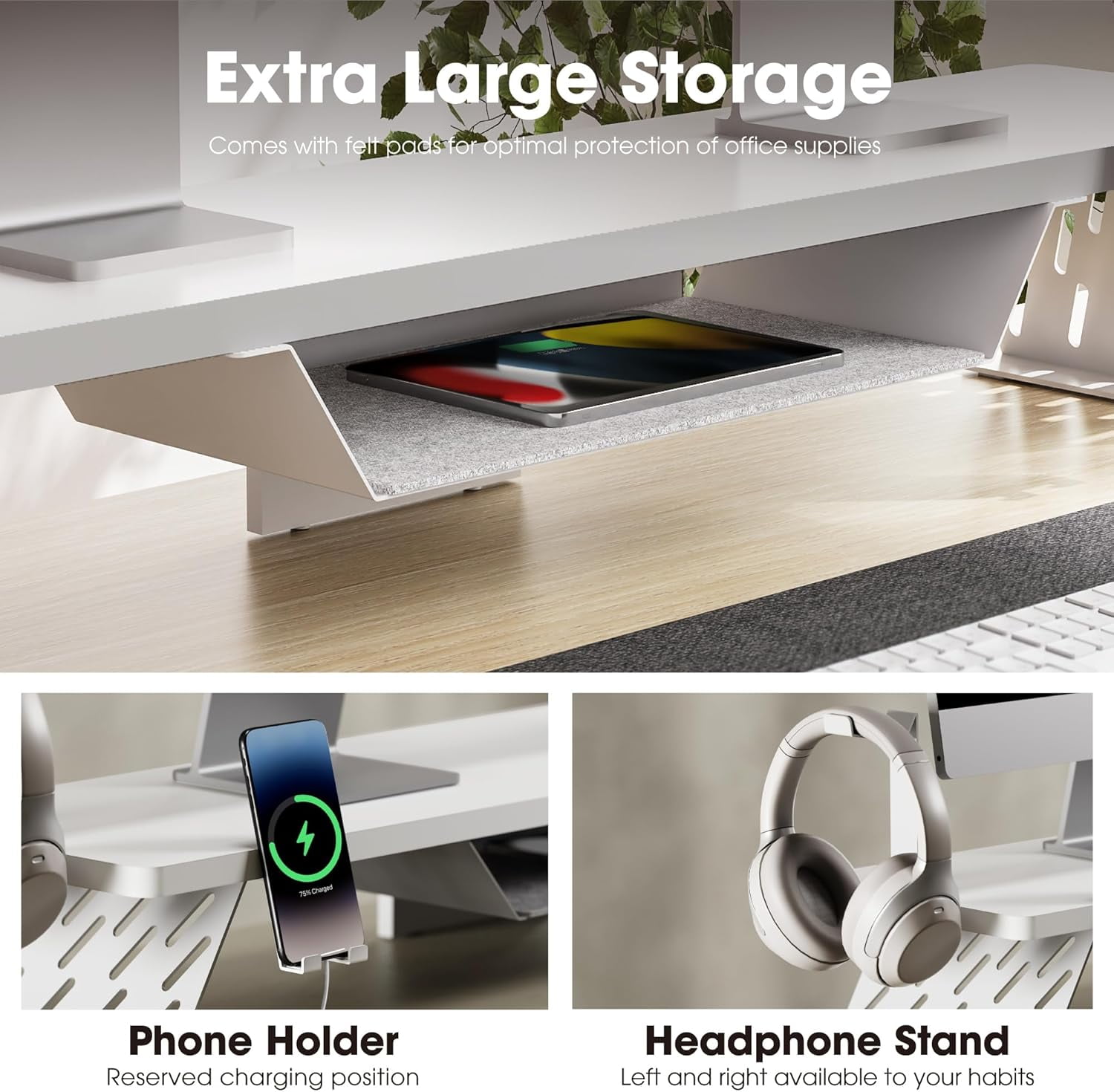 Dual Monitor Stand 42.5 Inch Wood Desk Shelf with Headphone & Phone Holder for Office Organization